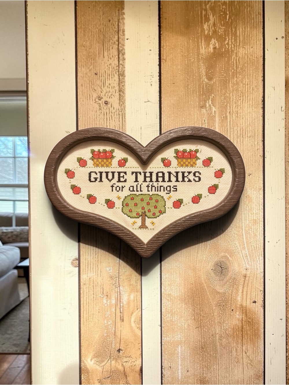 Vintage Framed Heart Cross Stitch Give Thanks For All Things Tree Wall Decor
